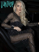 Lunivop Women Summer Fashion Sexy Long Sleeve Tranparent Black Sparkly Mesh Maxi Dress Elegant